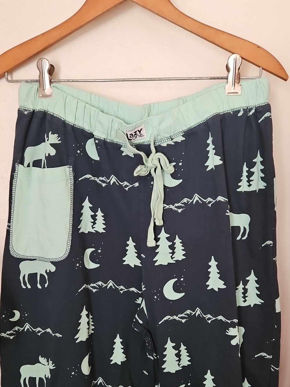 Women's Moose Print Pajama Pants With Pocket - Cute Cozy Mint On Navy